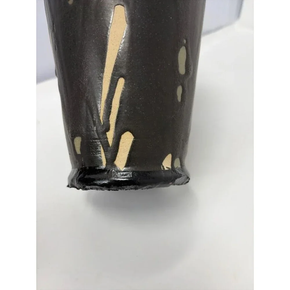 Mid Century Modern Style Art Pottery Vase Black Red Glaze Drip Signed dedicated